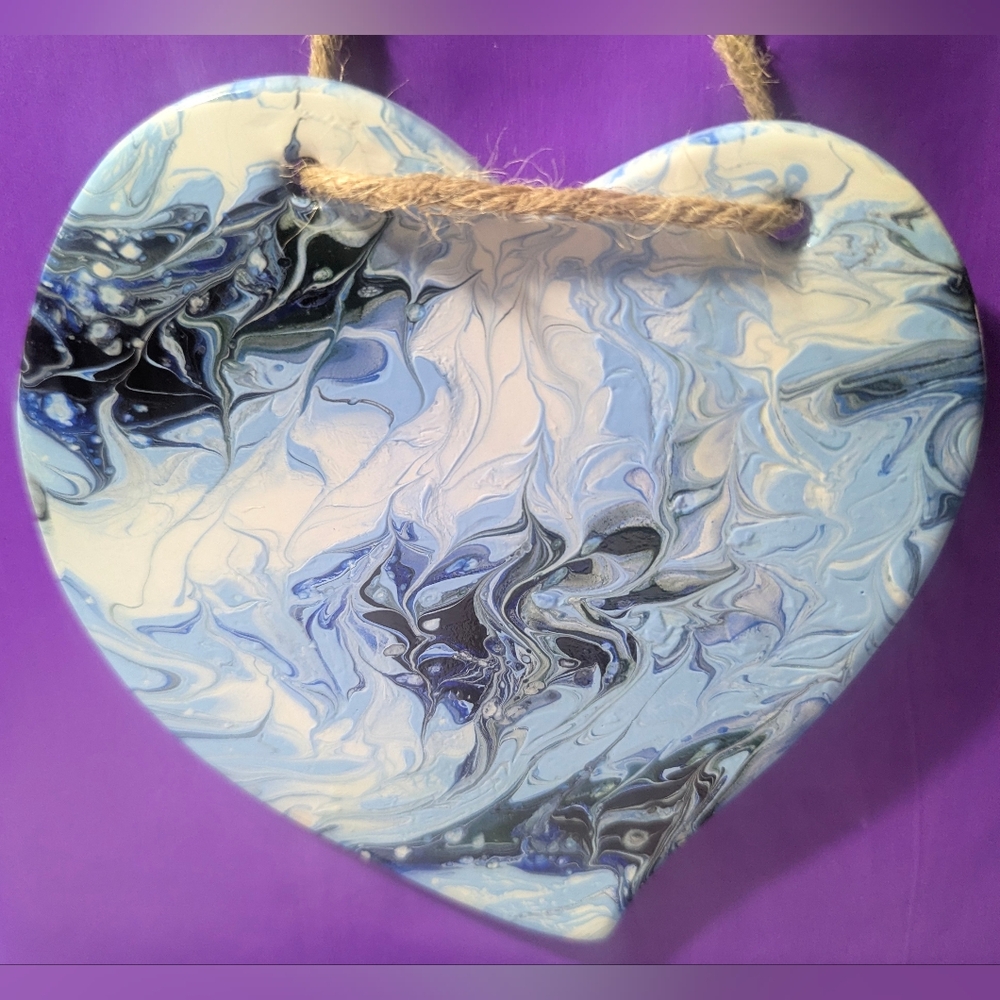 Ceramic Heart Hanging Wall Art Abstract Fluid Pour Painting Ornament Blue White
